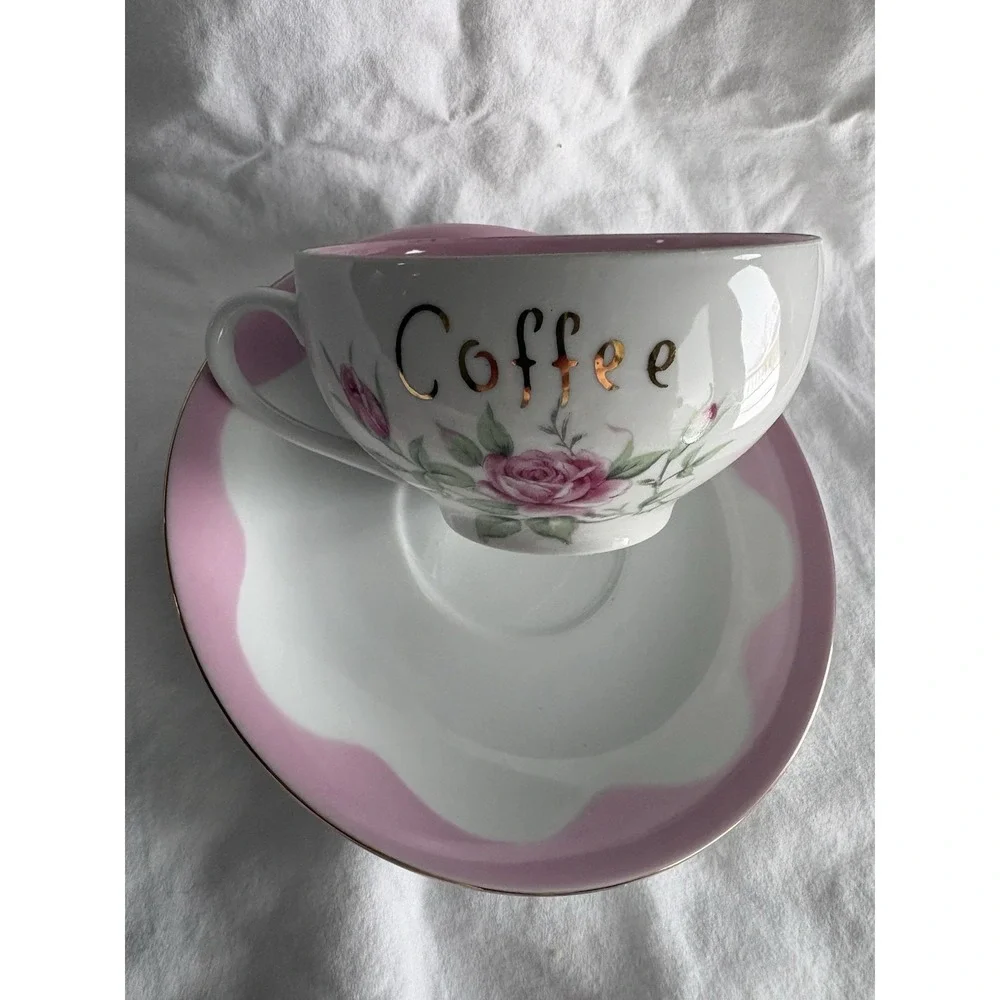 VTG Lefton English Bone China Pink Rose Mother Coffee TeaCup and Saucer‎ Boho LG